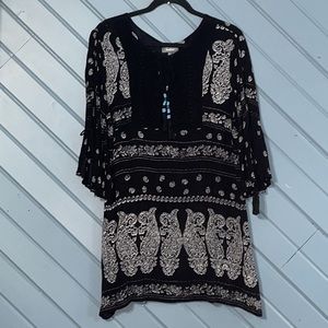 Neiman Marcus black/white paisley flare sleeve sheath semi shear dress
